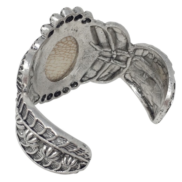 Cream Ivory Stone Concho Western Style Oval Silver Cuff Bangle Bracelet - Picture 2 of 4